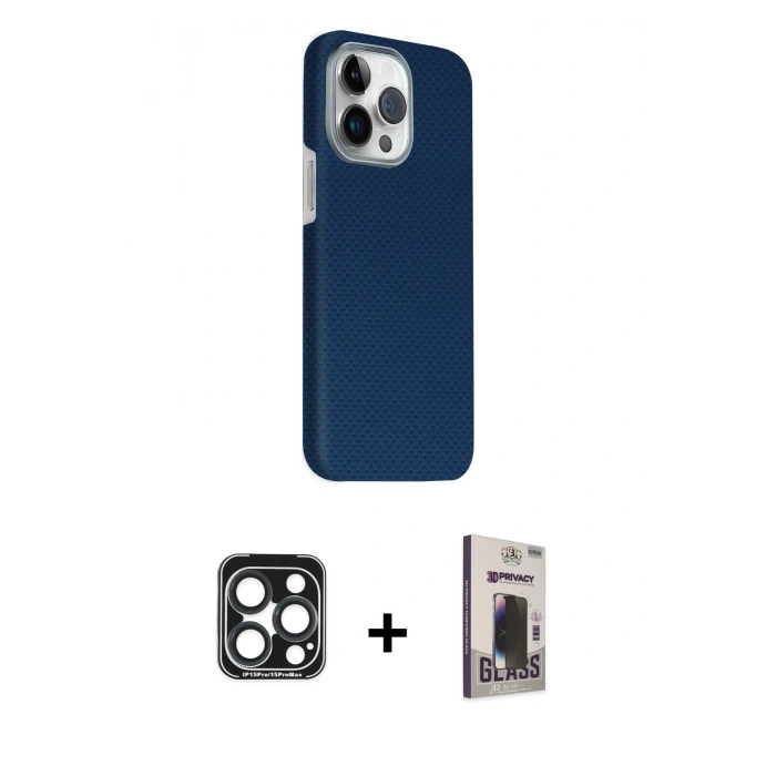 MARSİLYAN™- iPhone 15 Pro Max Kılıf Kozmos Klasik Prime - Siyah Bilvis Hayalet Cam Ekran Koruyucu + PVD Metal Kamera Lens - LT