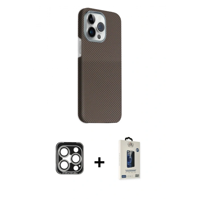 MARSİLYAN™- iPhone 15 Pro Max Kılıf Kozmos Klasik Prime - Siyah Bilvis Hayalet Cam Ekran Koruyucu + PVD Metal Kamera Lens - GS