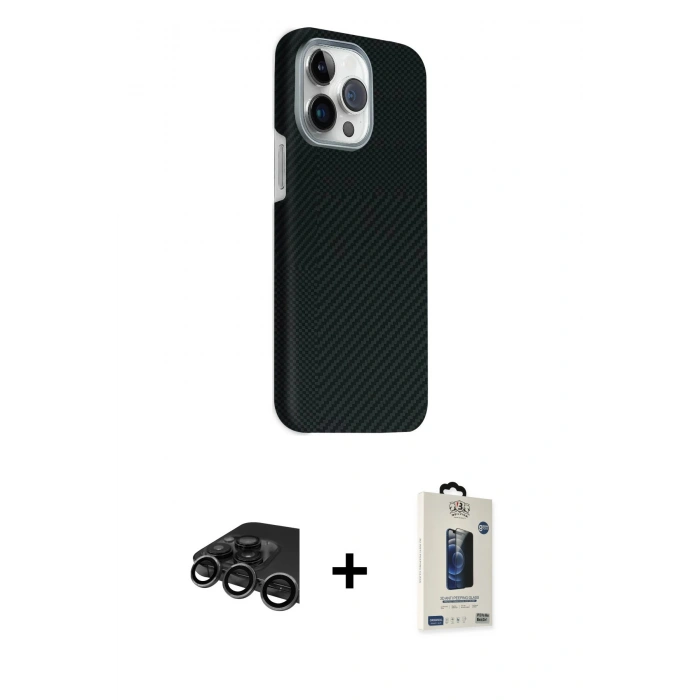 MARSİLYAN™- iPhone 15 Pro Max Kılıf Kozmos Klasik Prime - Siyah Bilvis Hayalet Cam Ekran Koruyucu + Raze Metal Kamera Lens - TMGI