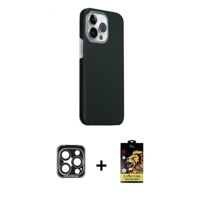 MARSİLYAN™- iPhone 15 Pro Max Kılıf Kozmos Klasik Prime - Siyah Buffer Cam Ekran Koruyucu + Lacivert PVD Metal Kamera Lens