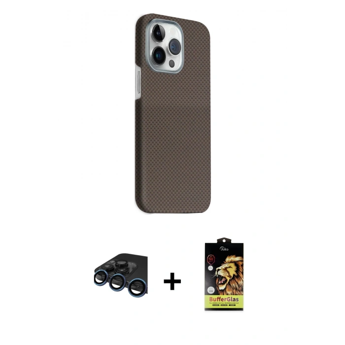 MARSİLYAN™- iPhone 15 Pro Max Kılıf Kozmos Klasik Prime - Siyah Buffer Cam Ekran Koruyucu + Raze Metal Kamera Lens - LT