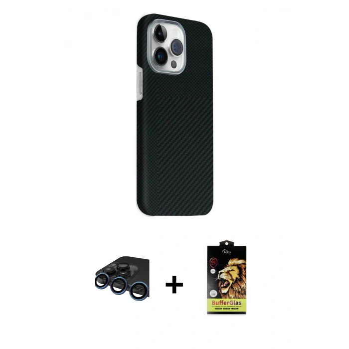 MARSİLYAN™- iPhone 15 Pro Max Kılıf Kozmos Klasik Prime - Siyah Buffer Cam Ekran Koruyucu + Raze Metal Kamera Lens - LT