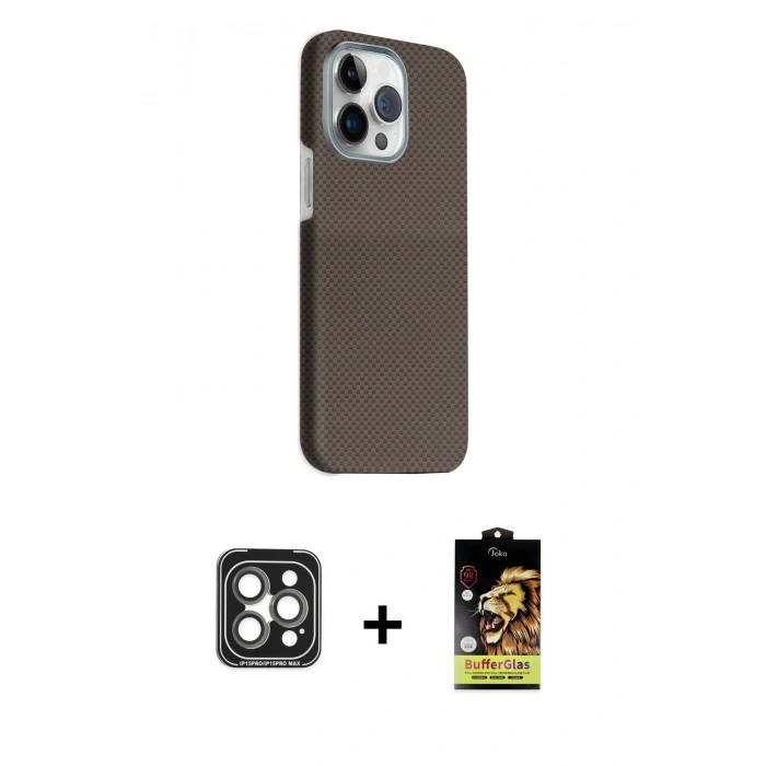 MARSİLYAN™- iPhone 15 Pro Max Kılıf Kozmos Klasik Prime - Siyah Buffer Cam Ekran Koruyucu + PVD Metal Kamera Lens - GI