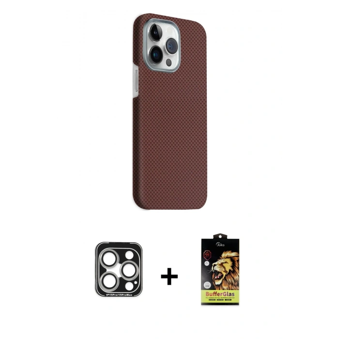 MARSİLYAN™- iPhone 15 Pro Max Kılıf Kozmos Klasik Prime - Siyah Buffer Cam Ekran Koruyucu + PVD Metal Kamera Lens - GS