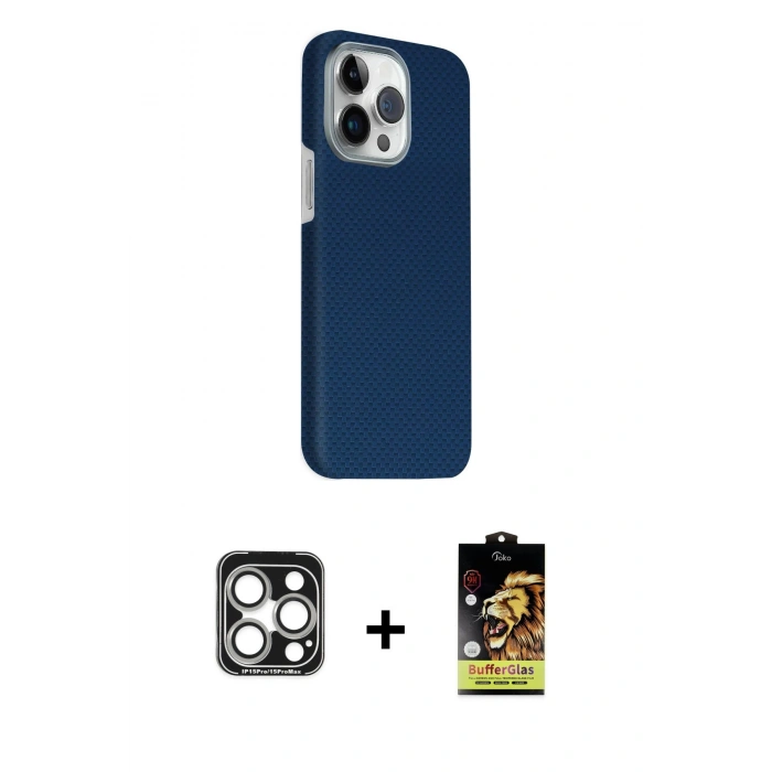 MARSİLYAN™- iPhone 15 Pro Max Kılıf Kozmos Klasik Prime - Siyah Buffer Cam Ekran Koruyucu + PVD Metal Kamera Lens - GS