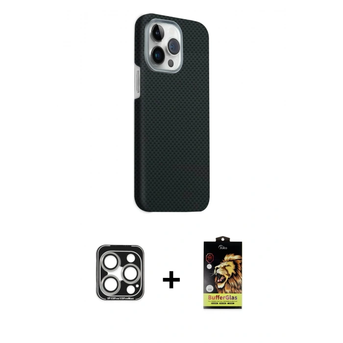 MARSİLYAN™- iPhone 15 Pro Max Kılıf Kozmos Klasik Prime - Siyah Buffer Cam Ekran Koruyucu + PVD Metal Kamera Lens - GS