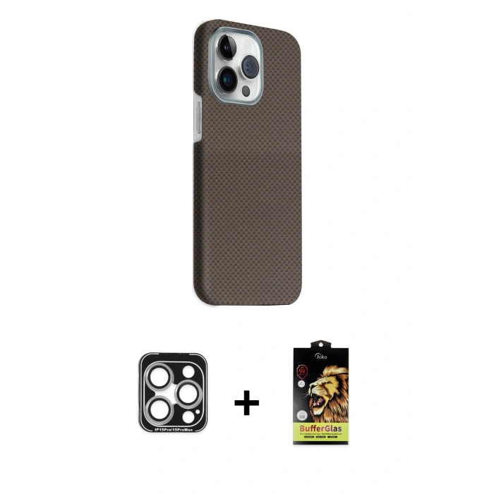 MARSİLYAN™- iPhone 15 Pro Max Kılıf Kozmos Klasik Prime - Siyah Buffer Cam Ekran Koruyucu + PVD Metal Kamera Lens - GS