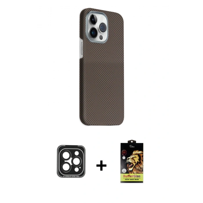 MARSİLYAN™- iPhone 15 Pro Max Kılıf Kozmos Klasik Prime - Siyah Buffer Cam Ekran Koruyucu + PVD Metal Kamera Lens - SH