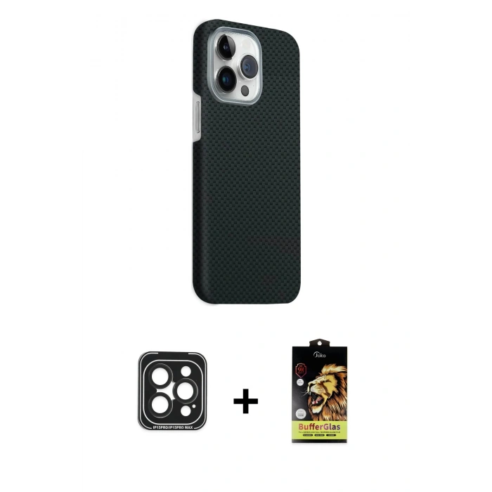 MARSİLYAN™- iPhone 15 Pro Max Kılıf Kozmos Klasik Prime - Siyah Buffer Cam Ekran Koruyucu + PVD Metal Kamera Lens - SH