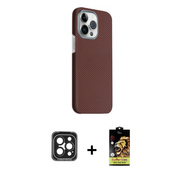 MARSİLYAN™- iPhone 15 Pro Max Kılıf Kozmos Klasik Prime - Siyah Buffer Cam Ekran Koruyucu + PVD Metal Kamera Lens - SH