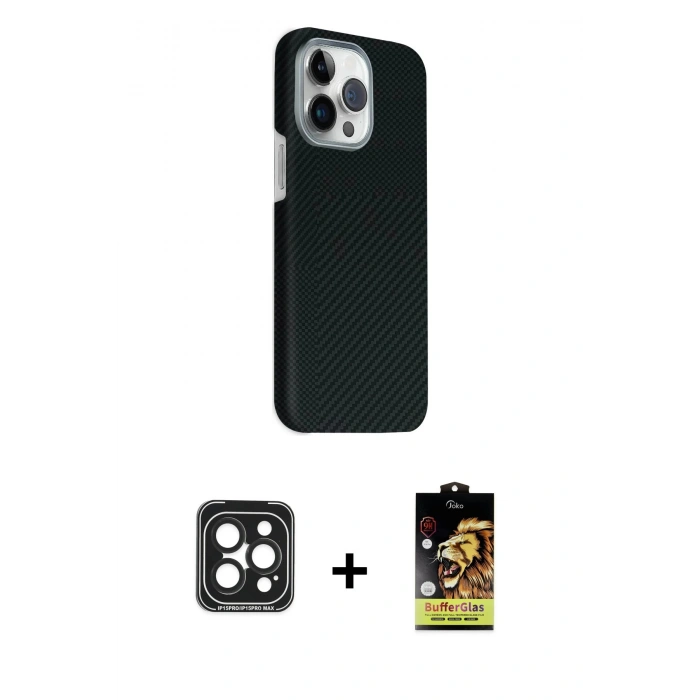 MARSİLYAN™- iPhone 15 Pro Max Kılıf Kozmos Klasik Prime - Siyah Buffer Cam Ekran Koruyucu + PVD Metal Kamera Lens - SH