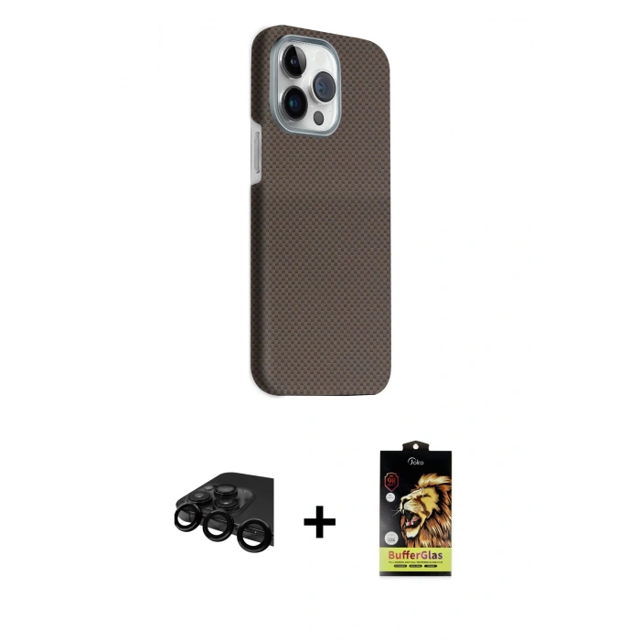 MARSİLYAN™- iPhone 15 Pro Max Kılıf Kozmos Klasik Prime - Siyah Buffer Cam Ekran Koruyucu + Raze Metal Kamera Lens - SH