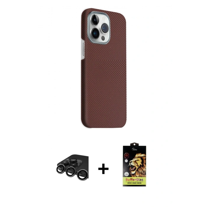 MARSİLYAN™- iPhone 15 Pro Max Kılıf Kozmos Klasik Prime - Siyah Buffer Cam Ekran Koruyucu + Titanyum Gri Raze Metal Kamera Lens