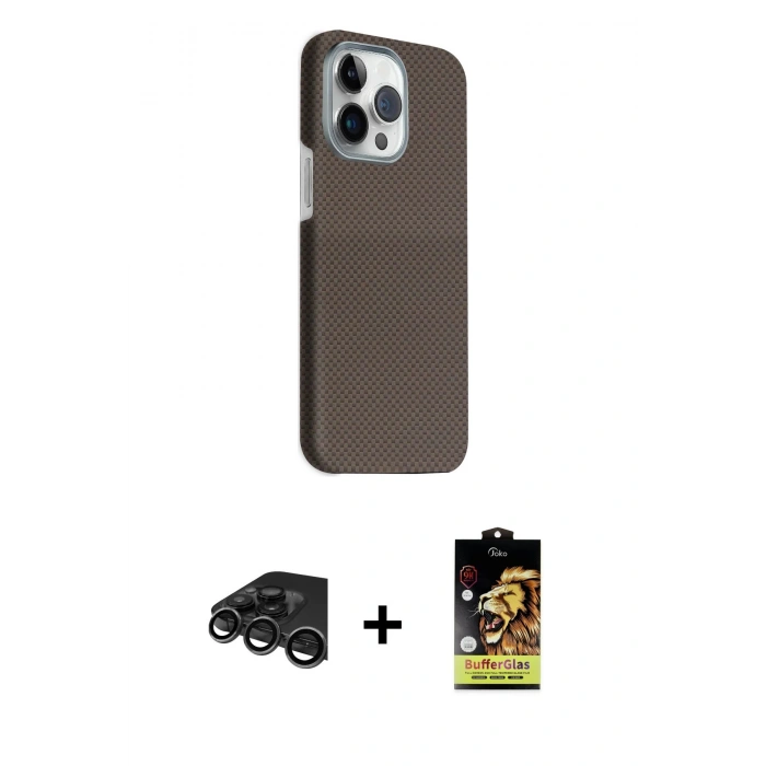 MARSİLYAN™- iPhone 15 Pro Max Kılıf Kozmos Klasik Prime - Siyah Buffer Cam Ekran Koruyucu + Titanyum Gri Raze Metal Kamera Lens