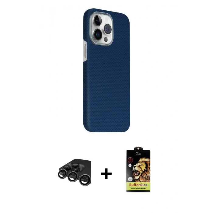 MARSİLYAN™- iPhone 15 Pro Max Kılıf Kozmos Klasik Prime - Siyah Buffer Cam Ekran Koruyucu + Titanyum Gri Raze Metal Kamera Lens