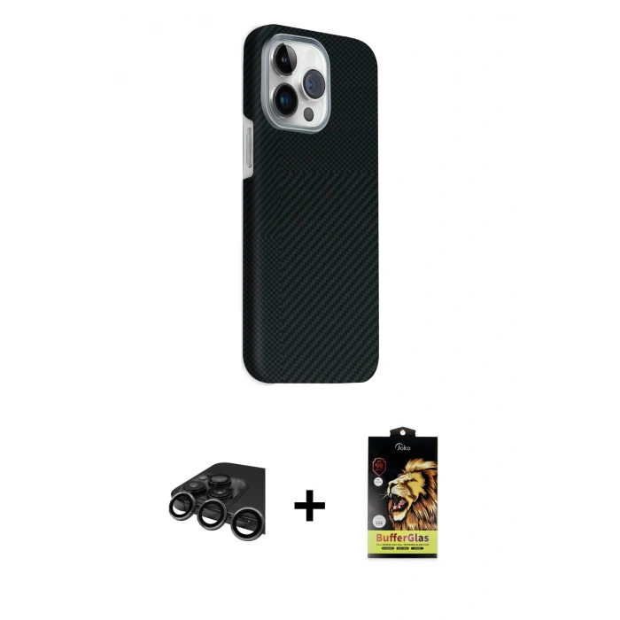 MARSİLYAN™- iPhone 15 Pro Max Kılıf Kozmos Klasik Prime - Siyah Buffer Cam Ekran Koruyucu + Titanyum Gri Raze Metal Kamera Lens