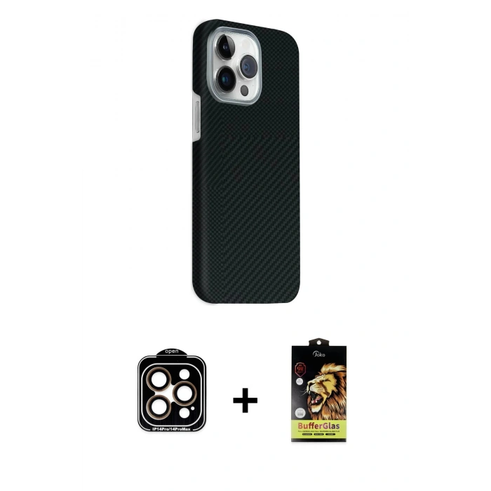 MARSİLYAN™- iPhone 15 Pro Max Kılıf Kozmos Klasik Prime - Siyah Buffer Cam Ekran Koruyucu + PVD Metal Kamera Lens - TU