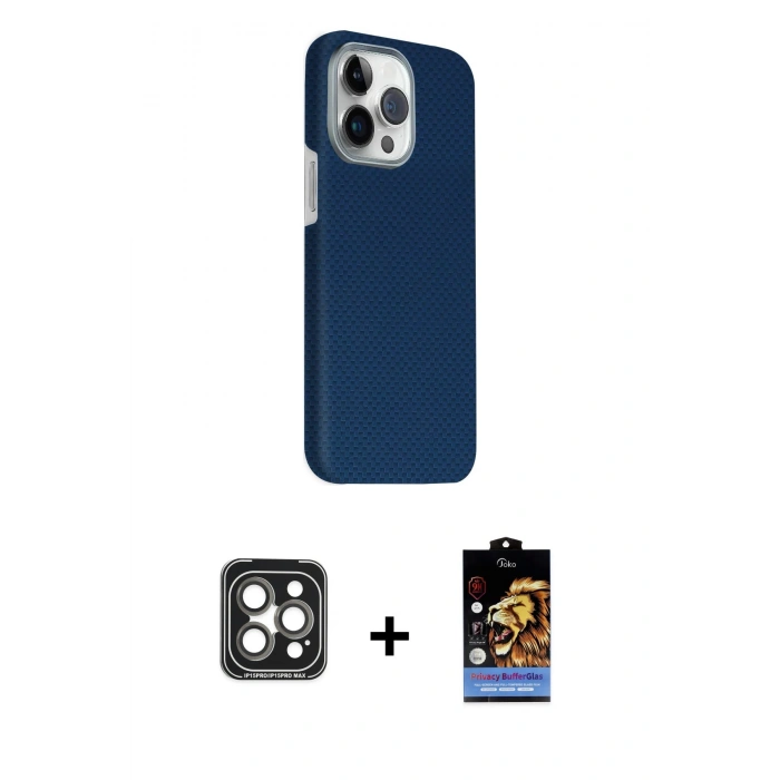 MARSİLYAN™- iPhone 15 Pro Max Kılıf Kozmos Klasik Prime - Siyah Buffer Hayalet Cam Ekran Koruyucu + Gri PVD Metal Kamera Lens