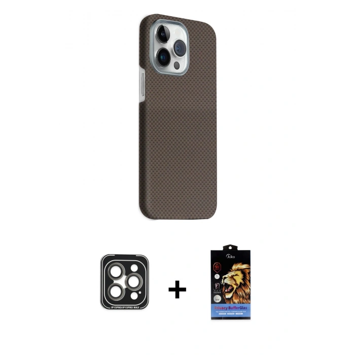 MARSİLYAN™- iPhone 15 Pro Max Kılıf Kozmos Klasik Prime - Siyah Buffer Hayalet Cam Ekran Koruyucu + Gri PVD Metal Kamera Lens