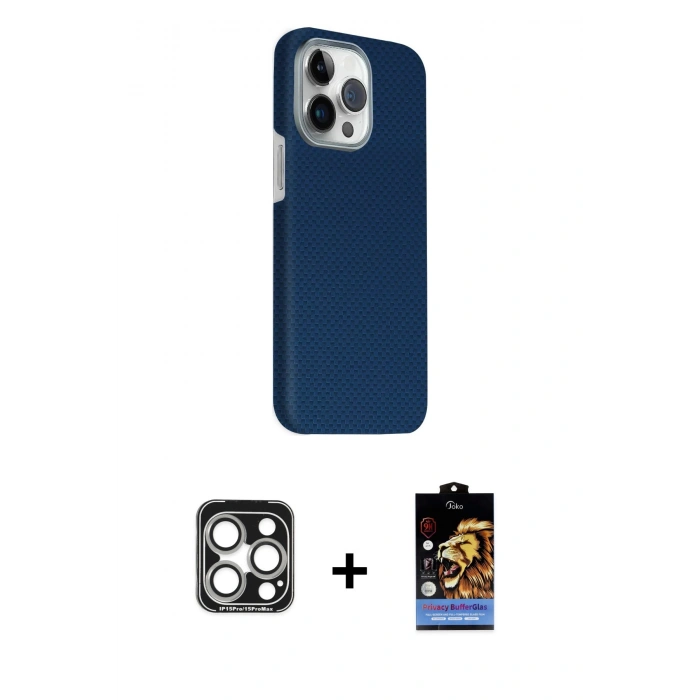 MARSİLYAN™- iPhone 15 Pro Max Kılıf Kozmos Klasik Prime - Siyah Buffer Hayalet Cam Ekran Koruyucu + Gümüş PVD Metal Kamera Lens