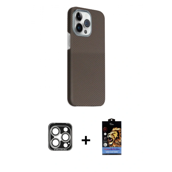 MARSİLYAN™- iPhone 15 Pro Max Kılıf Kozmos Klasik Prime - Siyah Buffer Hayalet Cam Ekran Koruyucu + Gümüş PVD Metal Kamera Lens