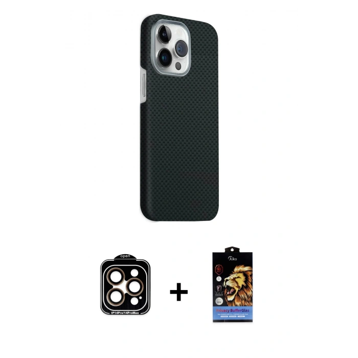 MARSİLYAN™- iPhone 15 Pro Max Kılıf Kozmos Klasik Prime - Siyah Buffer Hayalet Cam Ekran Koruyucu + PVD Metal Kamera Lens - TU