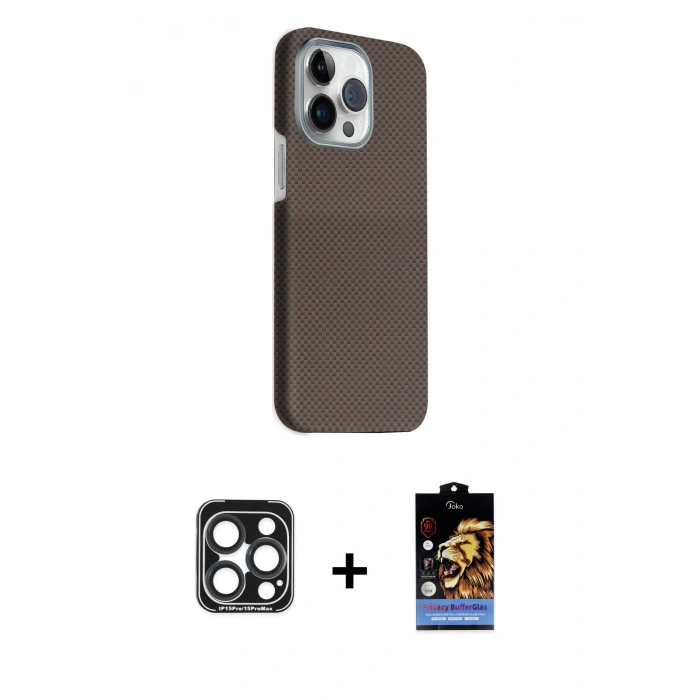 MARSİLYAN™- iPhone 15 Pro Max Kılıf Kozmos Klasik Prime - Siyah Buffer Hayalet Cam Ekran Koruyucu + PVD Metal Kamera Lens - LT