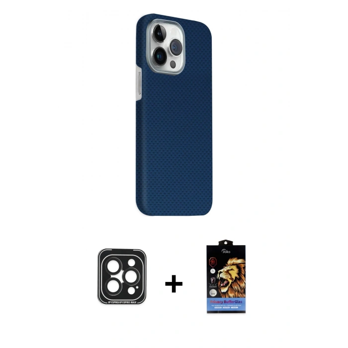 MARSİLYAN™- iPhone 15 Pro Max Kılıf Kozmos Klasik Prime - Siyah Buffer Hayalet Cam Ekran Koruyucu + PVD Metal Kamera Lens - SH