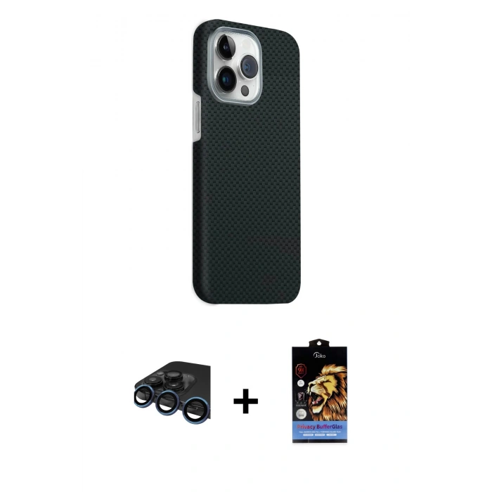 MARSİLYAN™- iPhone 15 Pro Max Kılıf Kozmos Klasik Prime - Siyah Buffer Hayalet Cam Ekran Koruyucu + Raze Metal Kamera Lens - LT