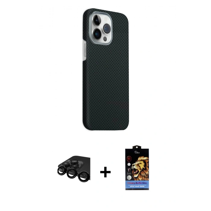 MARSİLYAN™- iPhone 15 Pro Max Kılıf Kozmos Klasik Prime - Siyah Buffer Hayalet Cam Ekran Koruyucu + Raze Metal Kamera Lens - SH