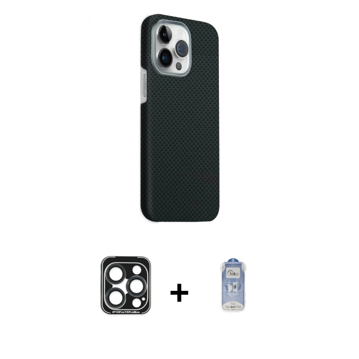 MARSİLYAN™- iPhone 15 Pro Max Kılıf Kozmos Klasik Prime - Siyah Joko Magic 5D Cam + PVD Metal Kamera Lens - LT