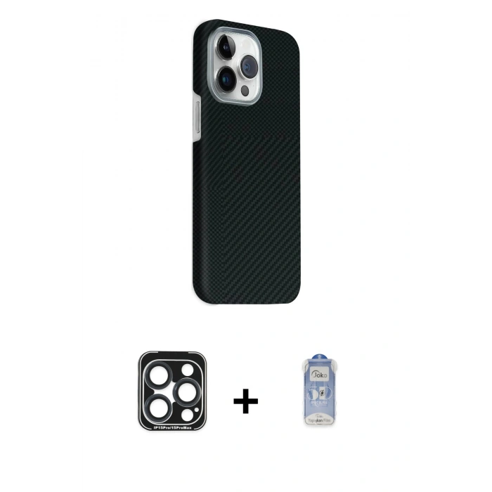 MARSİLYAN™- iPhone 15 Pro Max Kılıf Kozmos Klasik Prime - Siyah Joko Magic 5D Cam + PVD Metal Kamera Lens - LT