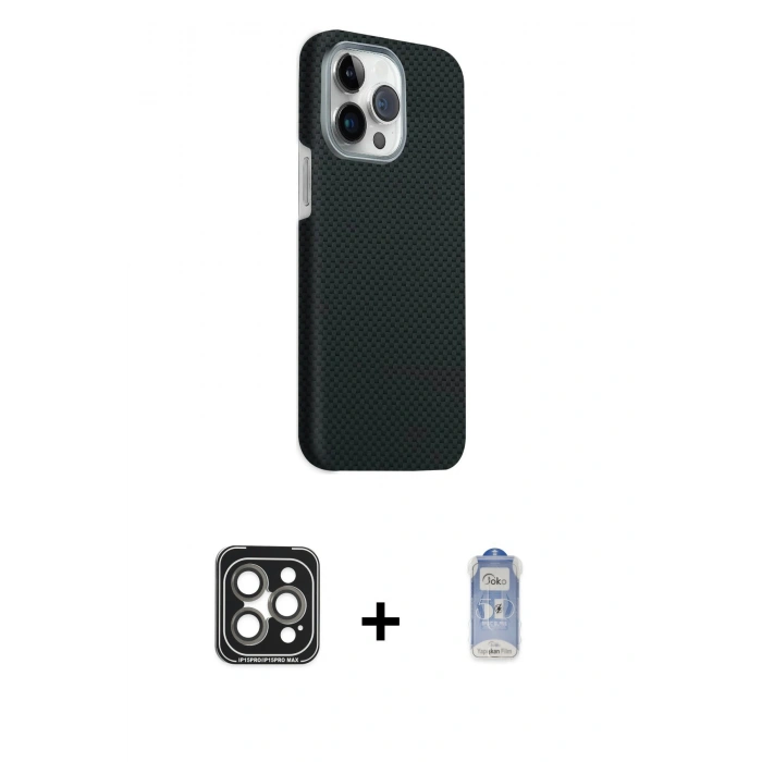 MARSİLYAN™- iPhone 15 Pro Max Kılıf Kozmos Klasik Prime - Siyah Joko Magic 5D Cam + PVD Metal Kamera Lens - GI