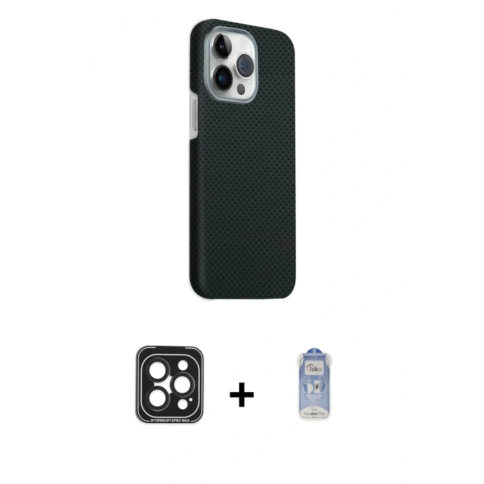 MARSİLYAN™- iPhone 15 Pro Max Kılıf Kozmos Klasik Prime - Siyah Joko Magic 5D Cam + PVD Metal Kamera Lens - SH