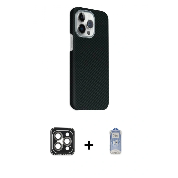 MARSİLYAN™- iPhone 15 Pro Max Kılıf Kozmos Klasik Prime - Siyah Joko Magic 5D Cam + PVD Metal Kamera Lens - GI