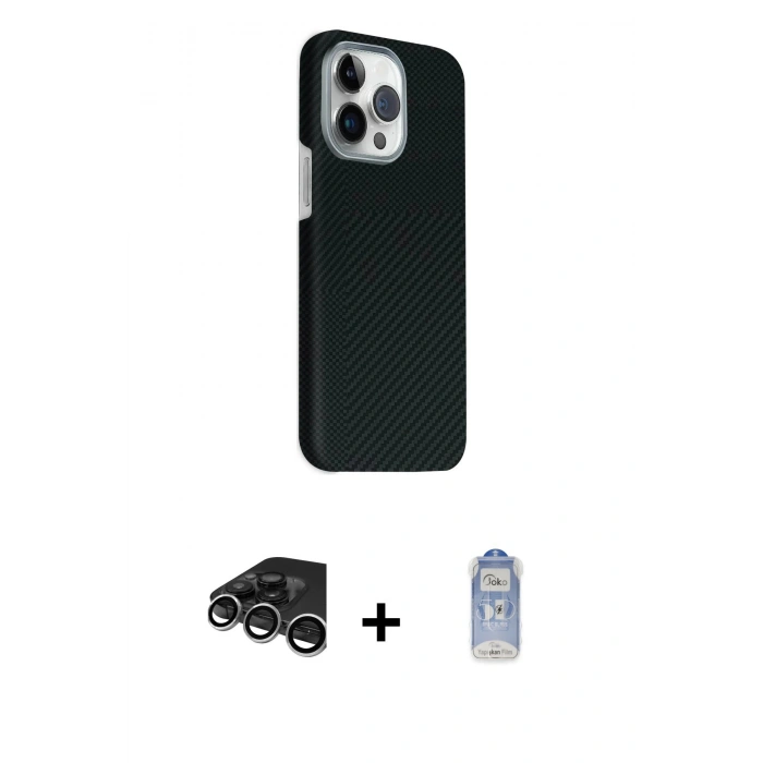 MARSİLYAN™- iPhone 15 Pro Max Kılıf Kozmos Klasik Prime - Siyah Joko Magic 5D Cam + Raze Metal Kamera Lens - GS