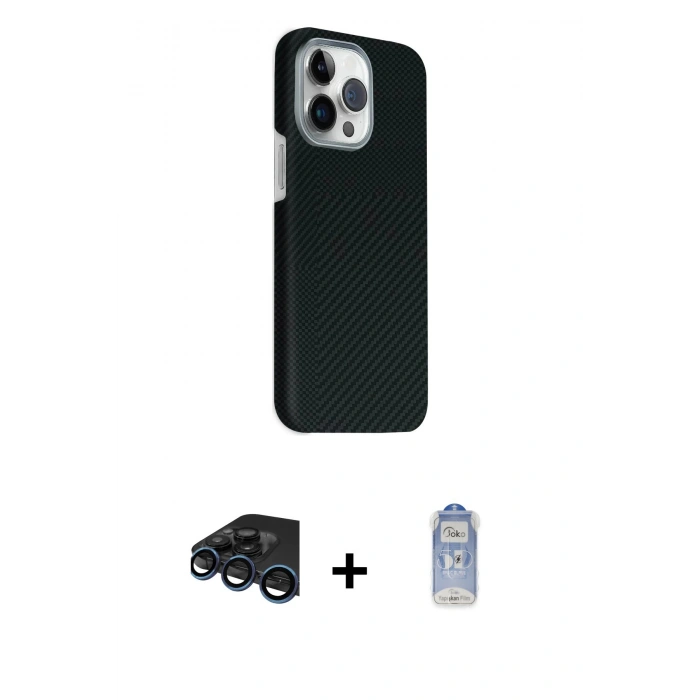 MARSİLYAN™- iPhone 15 Pro Max Kılıf Kozmos Klasik Prime - Siyah Joko Magic 5D Cam + Raze Metal Kamera Lens - LT