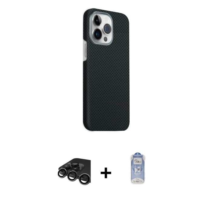 MARSİLYAN™- iPhone 15 Pro Max Kılıf Kozmos Klasik Prime - Siyah Joko Magic 5D Cam + Raze Metal Kamera Lens - TMGI