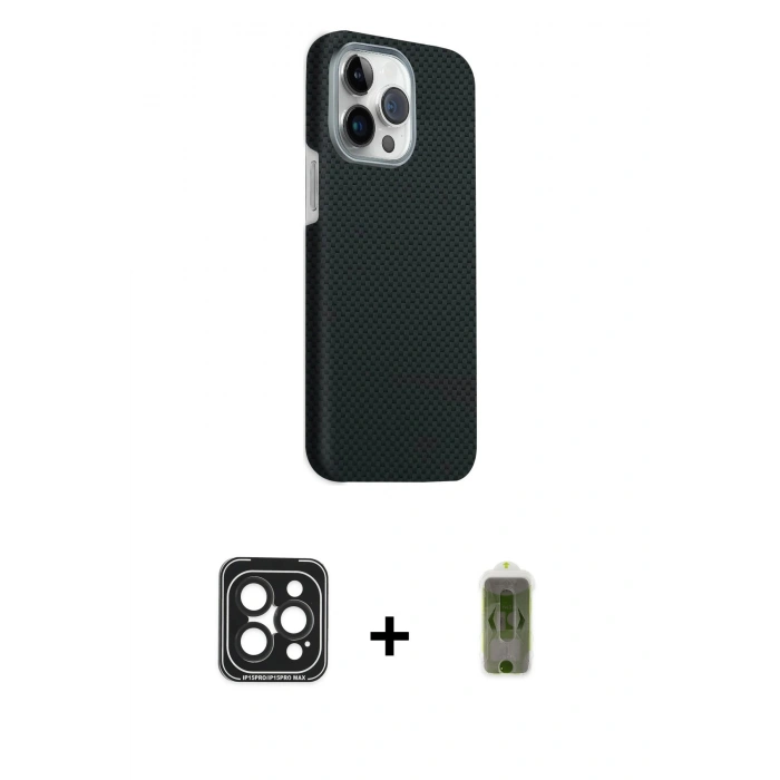 MARSİLYAN™- iPhone 15 Pro Max Kılıf Kozmos Klasik Prime - Siyah Joko Magic 5D Hayalet Cam + Siyah PVD Metal Kamera Lens