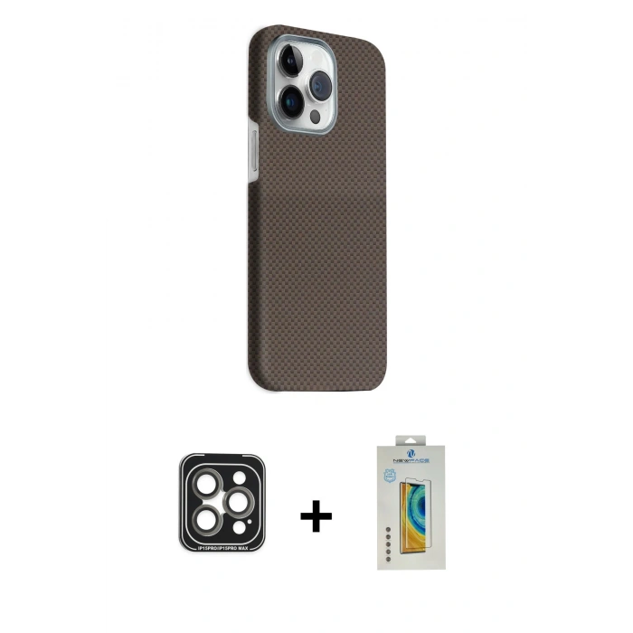 MARSİLYAN™- iPhone 15 Pro Max Kılıf Kozmos Klasik Prime - Siyah Polymer Nano Ekran Koruyucu + PVD Metal Kamera Lens - GI