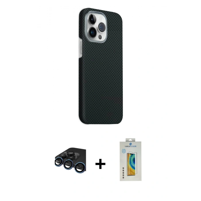 MARSİLYAN™- iPhone 15 Pro Max Kılıf Kozmos Klasik Prime - Siyah Polymer Nano Ekran Koruyucu + Raze Metal Kamera Lens - LT