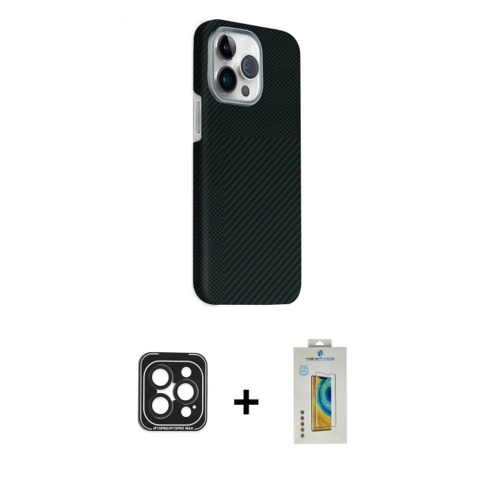 MARSİLYAN™- iPhone 15 Pro Max Kılıf Kozmos Klasik Prime - Siyah Polymer Nano Ekran Koruyucu + PVD Metal Kamera Lens - SH