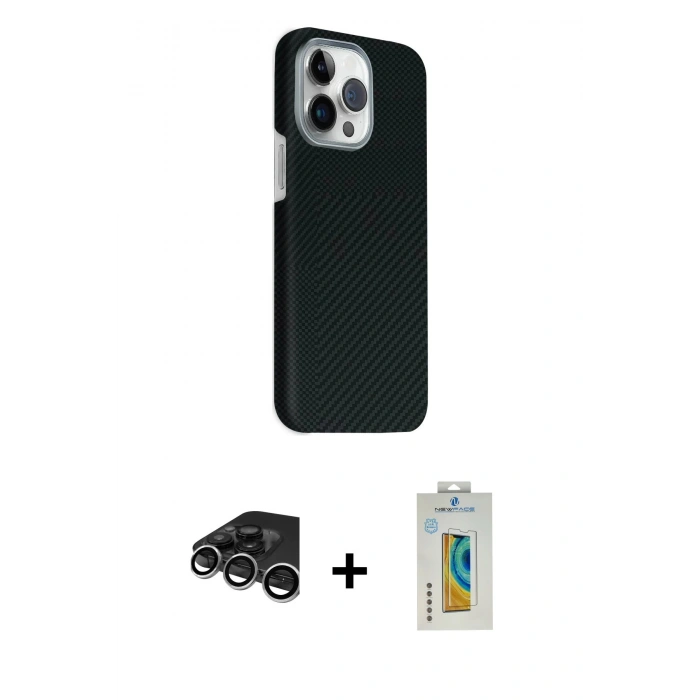 MARSİLYAN™- iPhone 15 Pro Max Kılıf Kozmos Klasik Prime - Siyah Polymer Nano Ekran Koruyucu + Raze Metal Kamera Lens - GS
