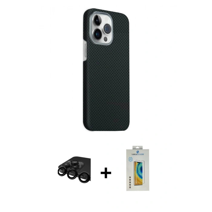 MARSİLYAN™- iPhone 15 Pro Max Kılıf Kozmos Klasik Prime - Siyah Polymer Nano Ekran Koruyucu + Raze Metal Kamera Lens - SH
