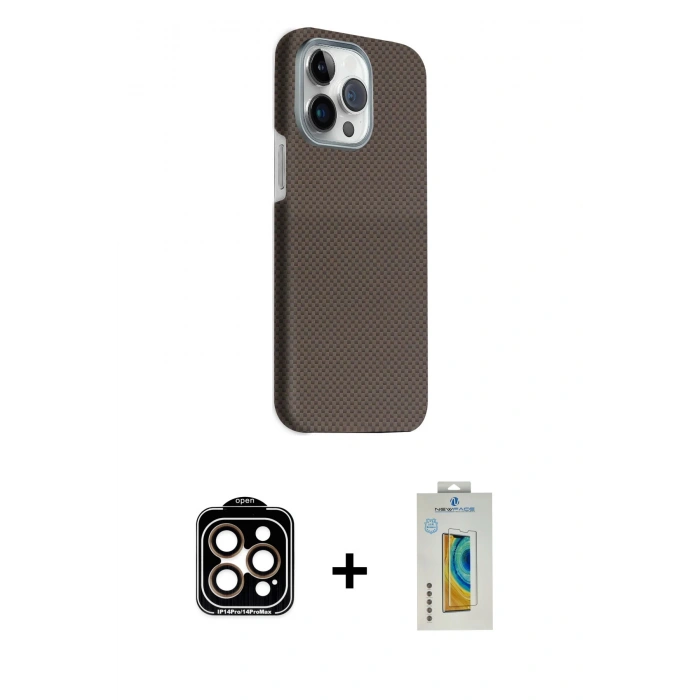 MARSİLYAN™- iPhone 15 Pro Max Kılıf Kozmos Klasik Prime - Siyah Polymer Nano Ekran Koruyucu + Turuncu PVD Metal Kamera Lens