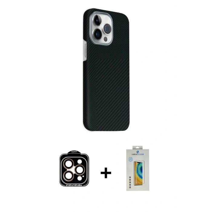 MARSİLYAN™- iPhone 15 Pro Max Kılıf Kozmos Klasik Prime - Siyah Polymer Nano Ekran Koruyucu + Turuncu PVD Metal Kamera Lens