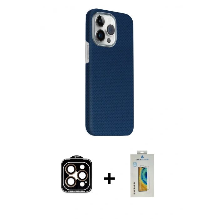 MARSİLYAN™- iPhone 15 Pro Max Kılıf Kozmos Klasik Prime - Siyah Polymer Nano Ekran Koruyucu + Turuncu PVD Metal Kamera Lens