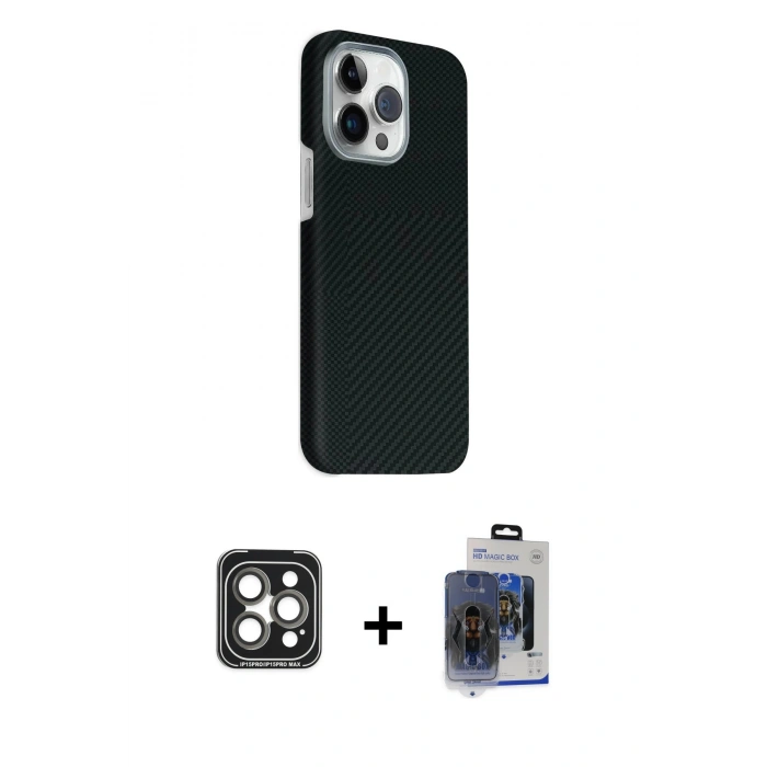 MARSİLYAN™- iPhone 15 Pro Max Kılıf Kozmos Klasik Prime - Siyah Vanessa Magic Cam + Gri PVD Metal Kamera Lens