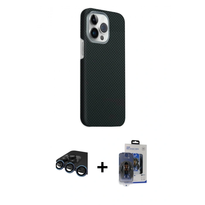 MARSİLYAN™- iPhone 15 Pro Max Kılıf Kozmos Klasik Prime - Siyah Vanessa Magic Cam + Raze Metal Kamera Lens - LT