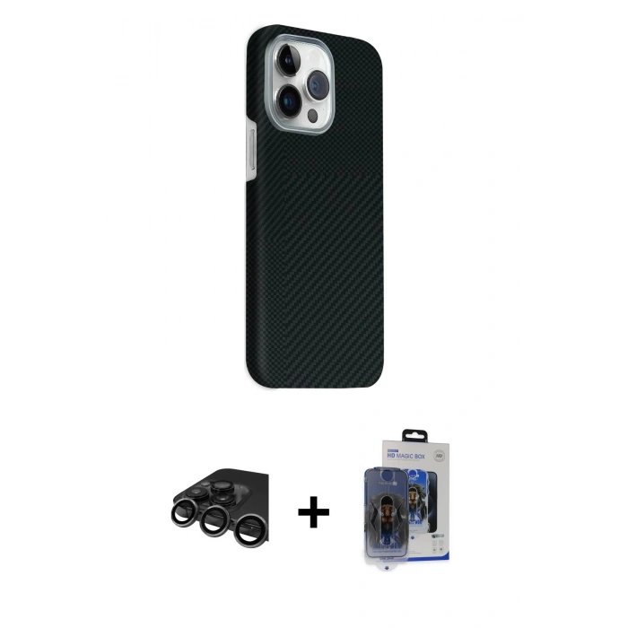 MARSİLYAN™- iPhone 15 Pro Max Kılıf Kozmos Klasik Prime - Siyah Vanessa Magic Cam + Raze Metal Kamera Lens - TMGI